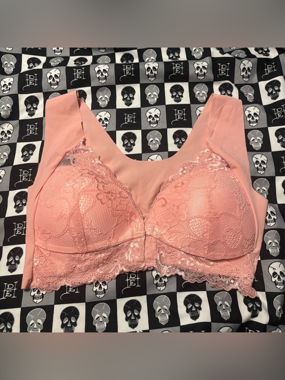 Coral Peach Pink Lace Bralette Wireless Comfort Bra